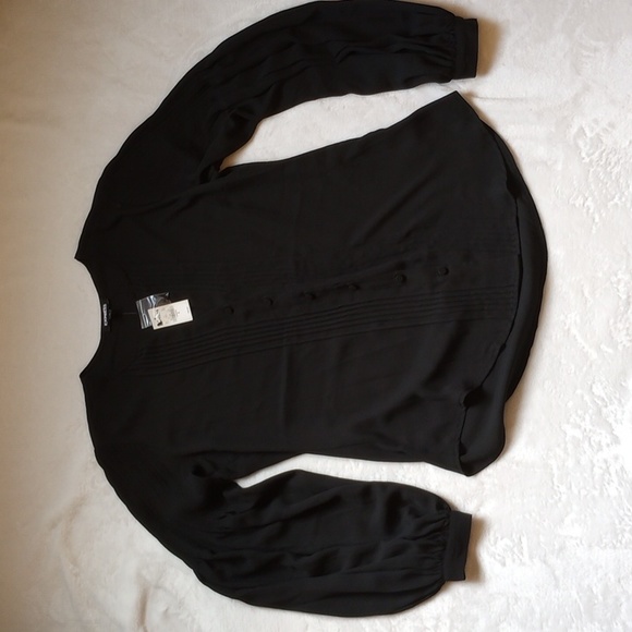 Express Tops - Express | Black Blouse with Pleat Details on Sleeves and Down Front